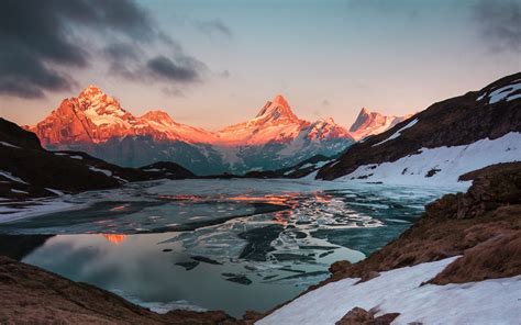 Download Wallpaper 1920x1200 Mountains Lake Sunset Evening Ice Landscape Switzerland