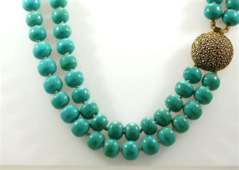Vintage Strand Persian Turquoise Bead Necklace Silk Knot Marcasite