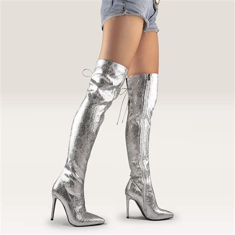 Onlymaker Women Metallic Silver Thigh Glitter Knee High Boots Pointed