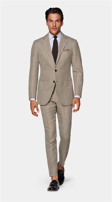 Light Brown Houndstooth Havana Suit In Linen Silk Wool Cotton