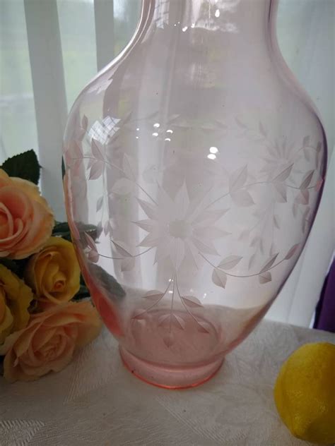 Large Classic Pink Depression Glass Vase Etched Pale Pink Etched Floral