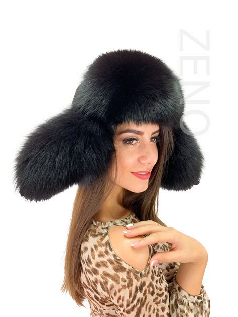 Fox Fur Trapper Hat With Suede Saga Furs Jet Black Fox Fur Etsy