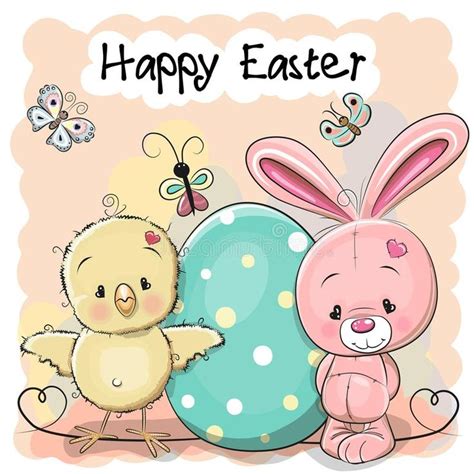 Cute Cartoon Rabbit And Chicken With Egg Greeting Easter Card Cute