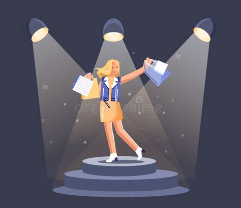 Girl With Shopping Bag On Podium With Fame Spotlights And Fog Vector