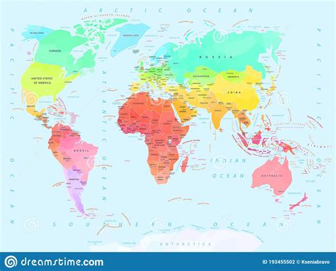 Geometric World Map With Names Of Countries And Capitals Stock Vector