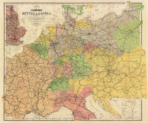 Central Europe Old Railway Map From 1884 Vintage Print Poster
