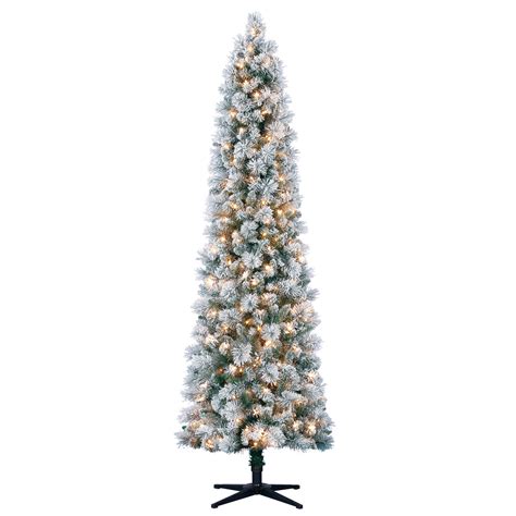 7 Ft Pre Lit Mixed Flocked Slim Artificial Christmas Tree Clear