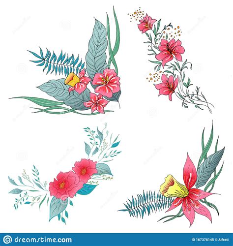 Set Of 4 Summer Colorful Tropical Flowers Floral Botanical Flower Set