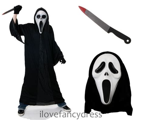 Mens Screamer Costume Robe Mask And Bloody Scream Knife Halloween Fancy