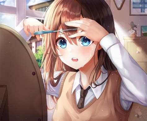 Wallpaper Anime School Girl Cutting Bangs Brown Hair