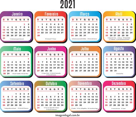 O calendário de 2021 terá nove feriados nacionais, sem contar os feriados estaduais e municipais, como o do dia da consciência negra e aniversários das cidades. Grade Calendário 2021 com Feriados Colorida | Imagem Legal