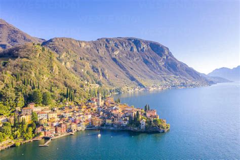 Aerial View By Drone Of Varenna Lake Como Lombardy Italian Lakes