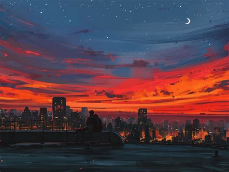Desktop Wallpaper Sunset Cityscape Illustration Art Couple Hd