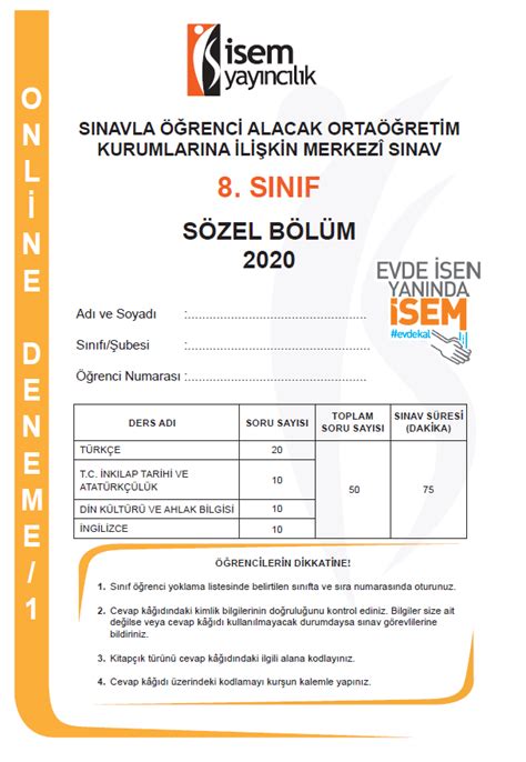 İSEM YAYINLARI LGS DENEME SINAVI SÖZEL BÖLÜM Test Matematik