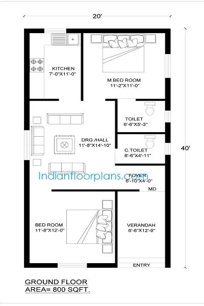 20 X 40 House Plan 20x40 House Plans With 2 Bedrooms Indian Floor Plans
