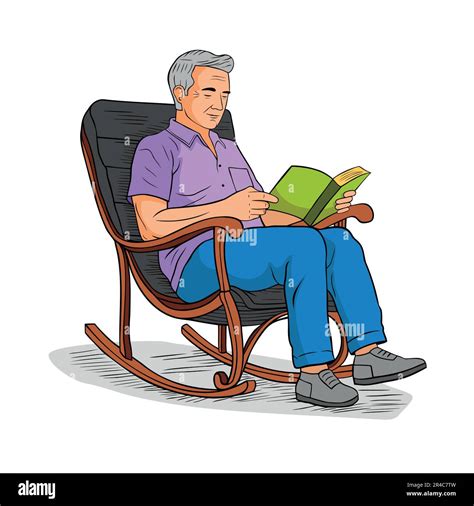 Old Man Sitting In Rocking Chair And Reading Book Stock Vector Image