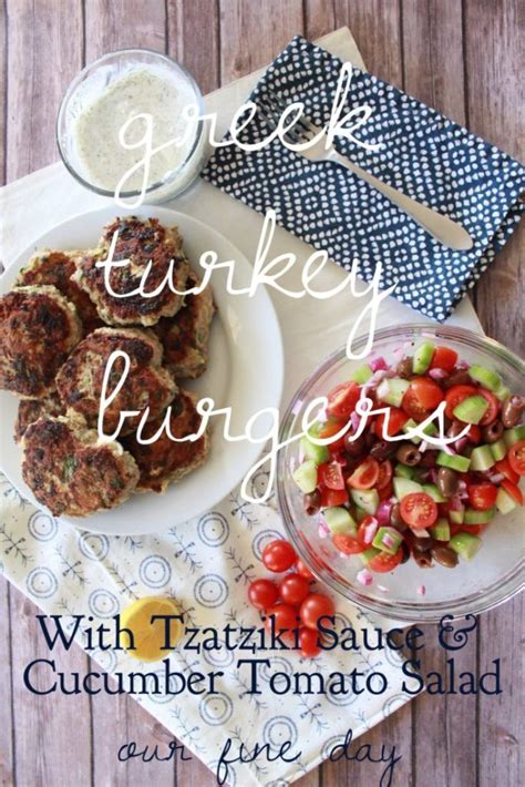 Greek Turkey Burgers With Tzatziki Sauce And Cucumber Tomato Salad