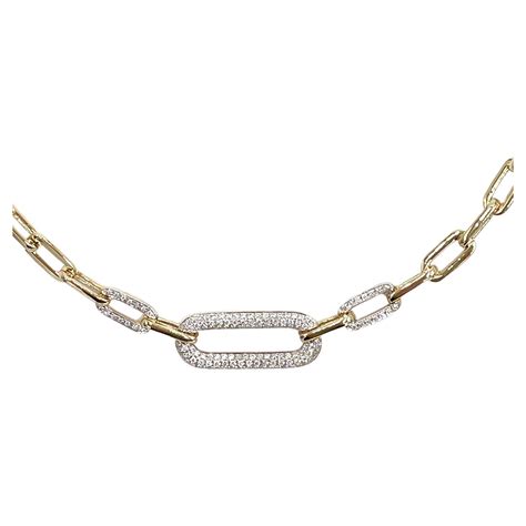14k Yellow Gold Paperclip Necklace With Round Diamonds 18 Inches Long