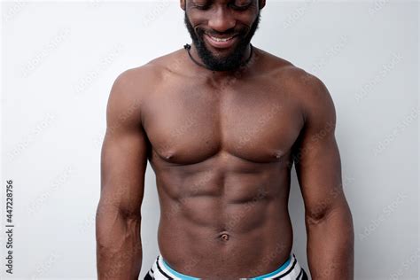 Cropped Photo Of Strong Muscular Black Man With Naked Torso Bodybuilder Concept African