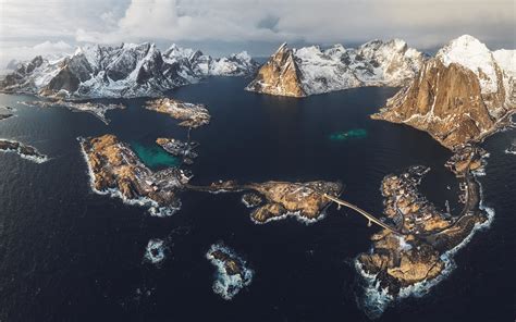 배경 화면 로 포텐 제도 노르웨이 피요르드 바다 산 눈 겨울 상위 뷰 1920x1200 Hd 그림 이미지