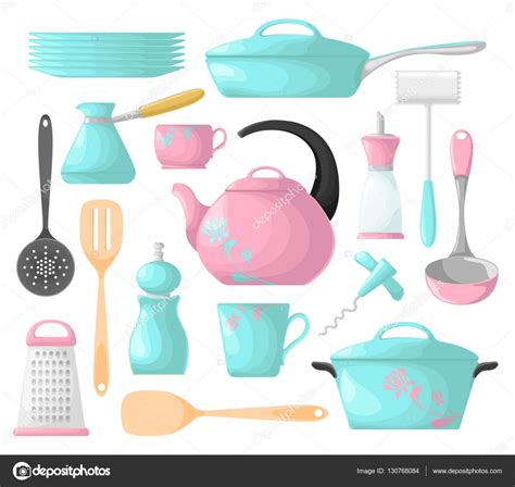 A Set Of Kitchen Utensils Pink And Blue Isolation On A White