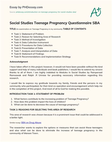 Social Studies Teenage Pregnancy Questionnaire Sba Research And Thesis