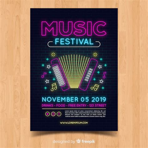 Free Vector Neon Lights Music Festival Poster Template