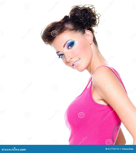beautiful woman posing in pink dress stock image image of hair dress 61776173