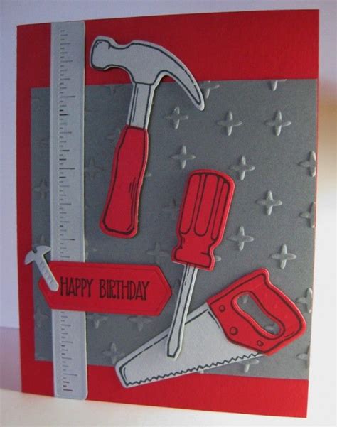 A Red And Gray Birthday Card With Tools