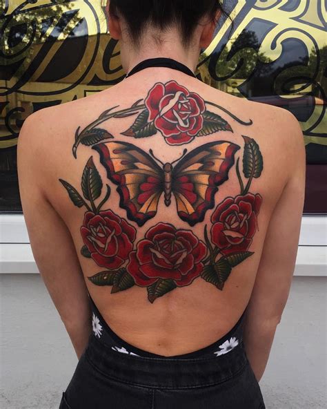 Butterfly And Roses American Traditional Back Piece Tattoo Backpiece