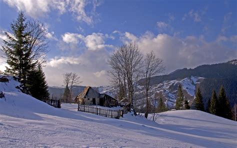 Romania Winter Snow House Trees Mountains Landscape Wallpapers Hd
