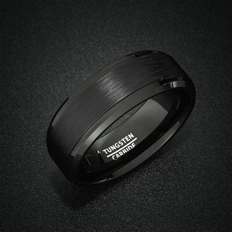 Mens Wedding Band Black Matte Brushed Surface Grooved Tungsten Ring Comfort Fit 
