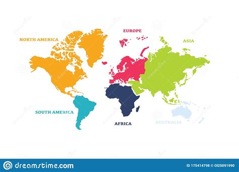 Vector World Map With Continent In Different Color Flat Design Stock ...