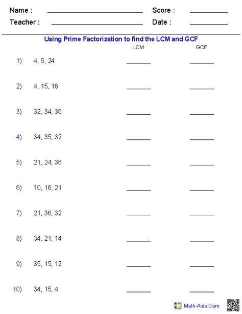 Least Common Multiple And Greatest Common Factor Worksheets Lcm And