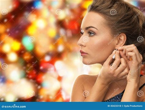 Close Up Of Woman Wearing Earrings Stock Photo Image Of Gorgeous