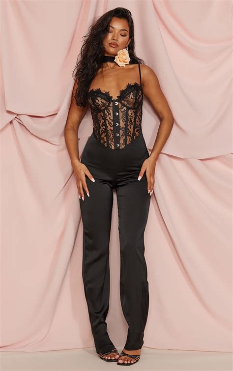 black lace underwired corset strappy jumpsuit prettylittlething