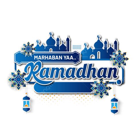 Greeting Banner Of Marhaban Ya Ramadhan With Blue Mosque Illustration