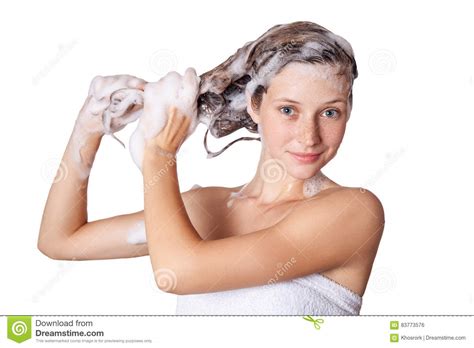 Beautiful Woman Taking A Shower And Shampooing Her Hair Washing Hair
