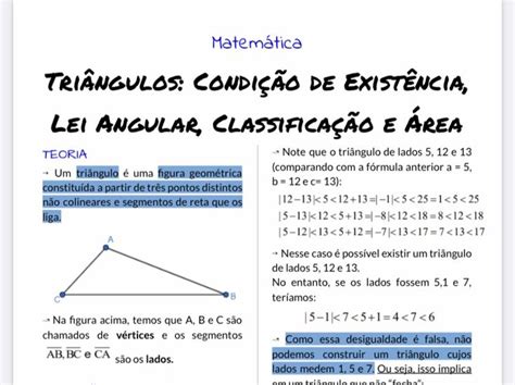 Resumo Matemática Triângulos condições de existência lei angular
