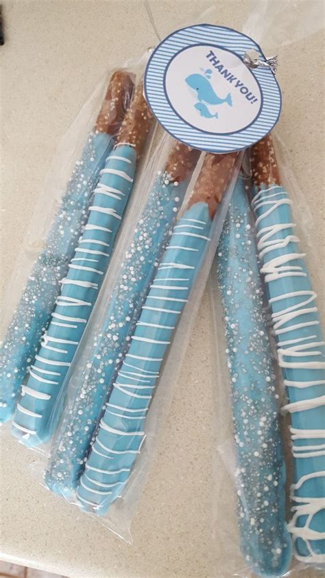 Blue And White Pretzel Rods For A Baby Shower That Was Nautical Themed