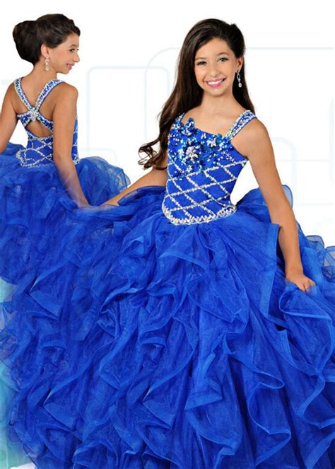 Ball Gown Royal Blue Organza Ruffle Beaded Girl Pageant Prom Dress With