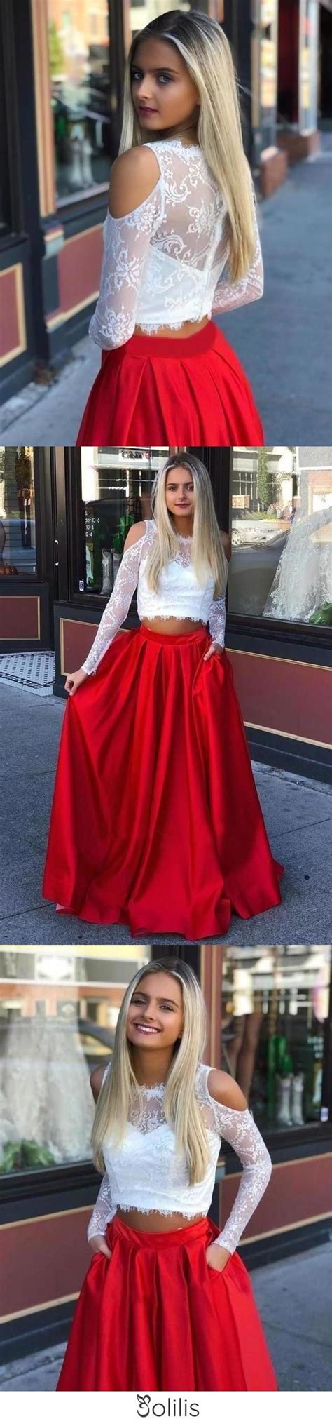 Check spelling or type a new query. A Line Red and White Long Sleeve Satin Two Piece Prom ...