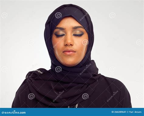 Islamic Woman Portrait And Hijab With Closed Eyes For Religious Fashion Culture And Focus