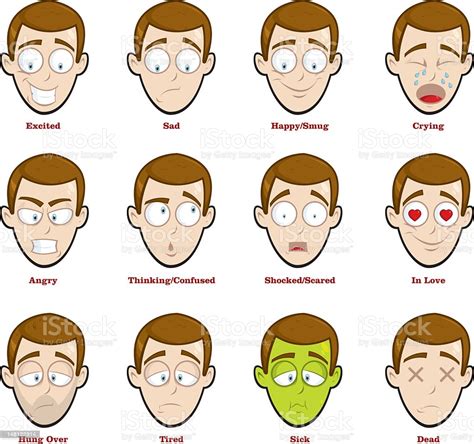 Cartoon Man Expressing Sixteen Different Emotions Stock Vector Art