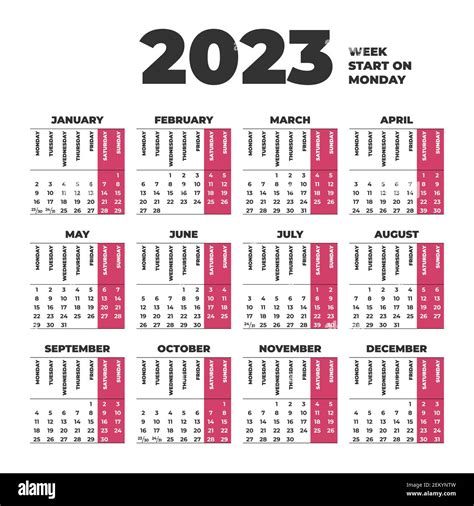 2023 Modèle De Calendrier Avec Les Semaines Commençant Le Lundi Image