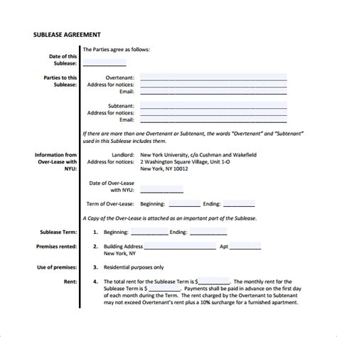 sample  sublease agreement templates