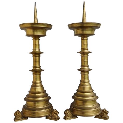 Pair Of Gilt Bronze Gothic Revival Altar Pricket Candlesticks W Lion Sculptures For Sale At