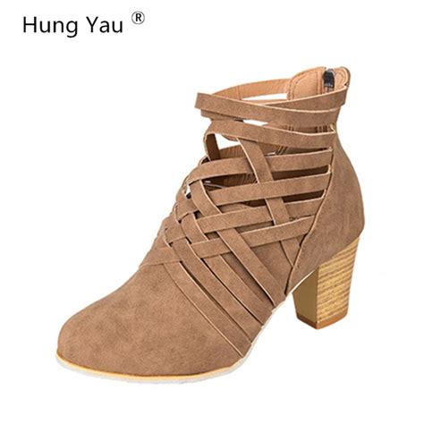 Hung Yau Autumn Boots For Women Fashion Women Boots Thick Heel Platform Shoes Ankle Straps Lady