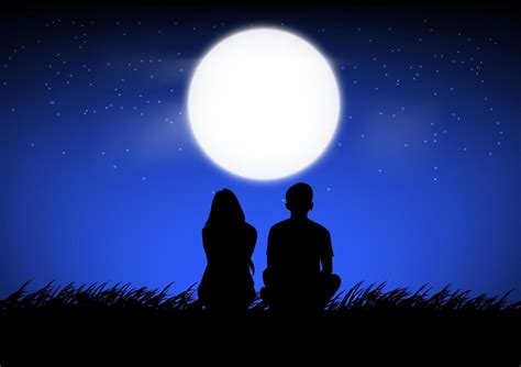 Silhouette Image A Couple Man And Woman Sitting With Moon On Sky At