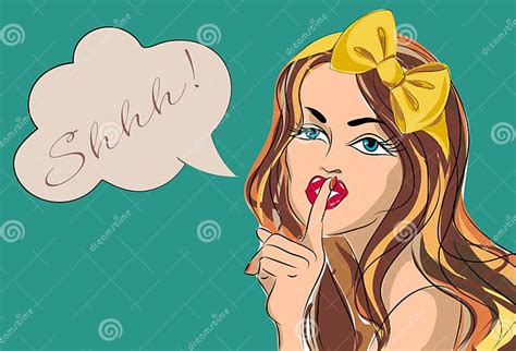 Shhh Bubble Pop Art Woman Face With Finger On Lips Silence Gesture